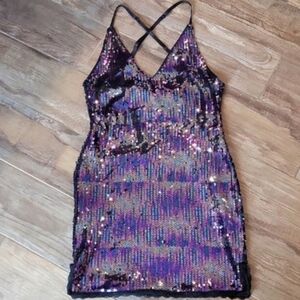 Sequin Lace Trim Strappy Back Lined Mini Dress, XS